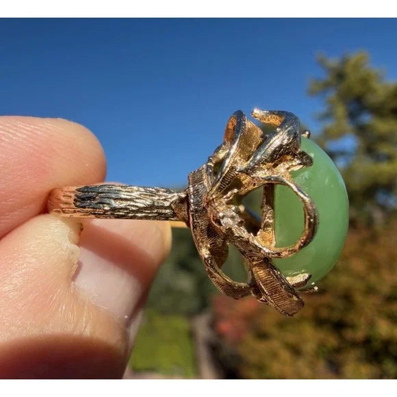 Vintage 10k Solid Gold Natural Untreated Apple Green Jadeite Jade Diamond Ring - Picture 14 of 14